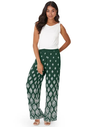 Malwee - Calça Pantalona Folhagens em Viscose Verde - MALWEE