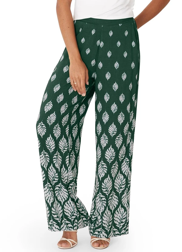 Malwee - Calça Pantalona Folhagens em Viscose Verde
