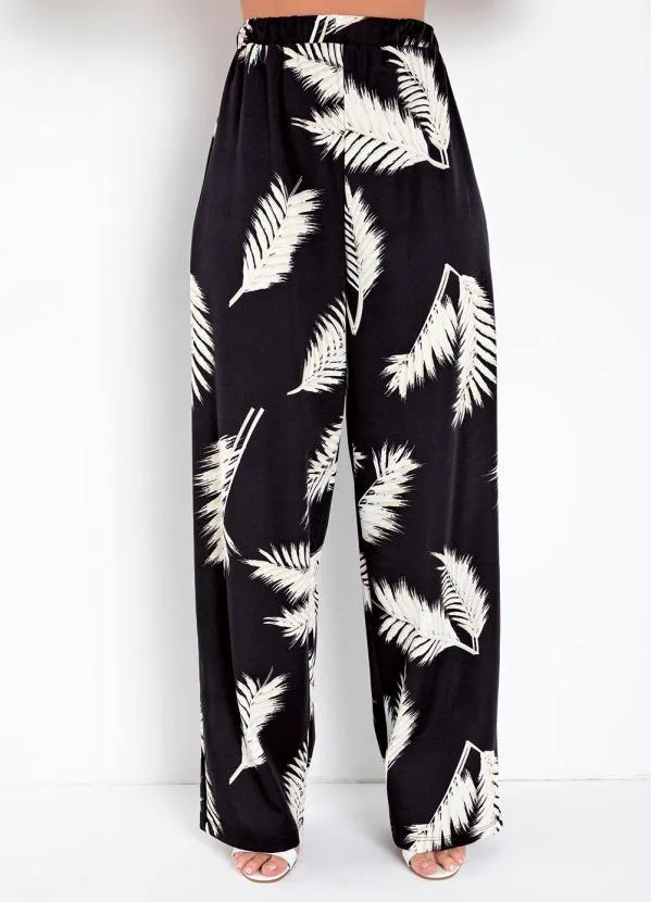 Moda Pop - Calça Pantalona Folhas Preta
