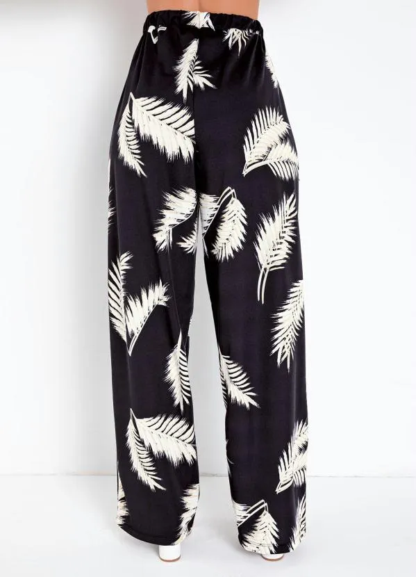Moda Pop - Calça Pantalona Folhas Preta 2