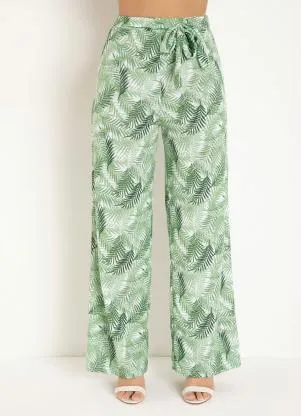 Moda Pop - Calça Pantalona Folhas Verde com Faixa Fixa - MODA POP