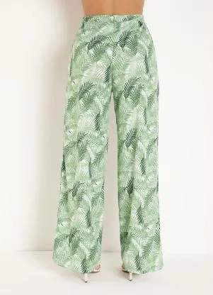 Moda Pop - Calça Pantalona Folhas Verde com Faixa Fixa - MODA POP