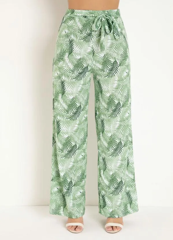 Moda Pop - Calça Pantalona Folhas Verde com Faixa Fixa