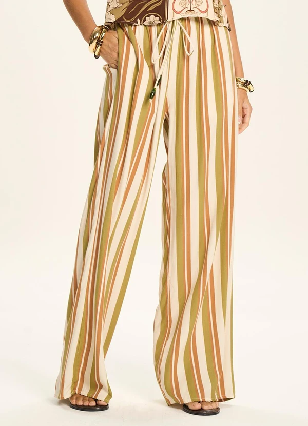 Doce Trama - Calça Pantalona Listrada com Amarração Marrom
