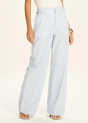 Doce Trama - Calça Pantalona Listrada com Cintura Alta Azul - DOCE TRAMA