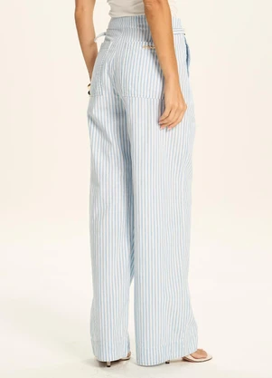 Doce Trama - Calça Pantalona Listrada com Cintura Alta Azul - DOCE TRAMA
