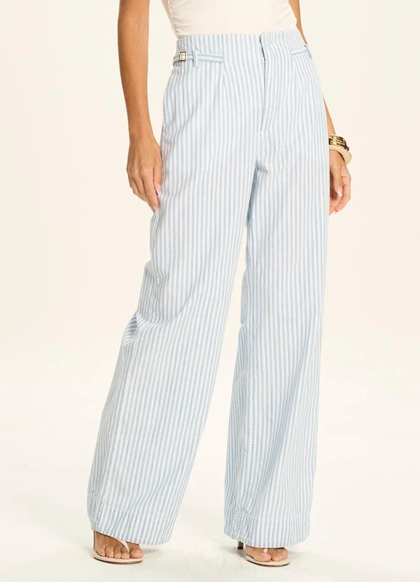 Doce Trama - Calça Pantalona Listrada com Cintura Alta Azul