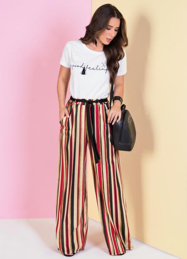 Outlet - Calça Pantalona Listrada com Faixa na Cintura 3