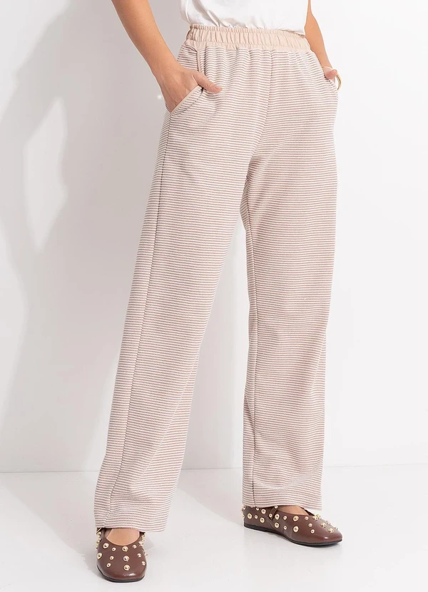 Quintess - Calça Pantalona Listrada em Malha Texturizada com Cós Elástico