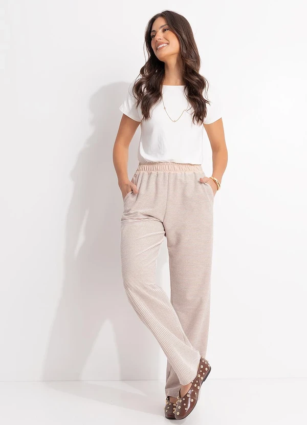 Quintess - Calça Pantalona Listrada em Malha Texturizada com Cós Elástico 9