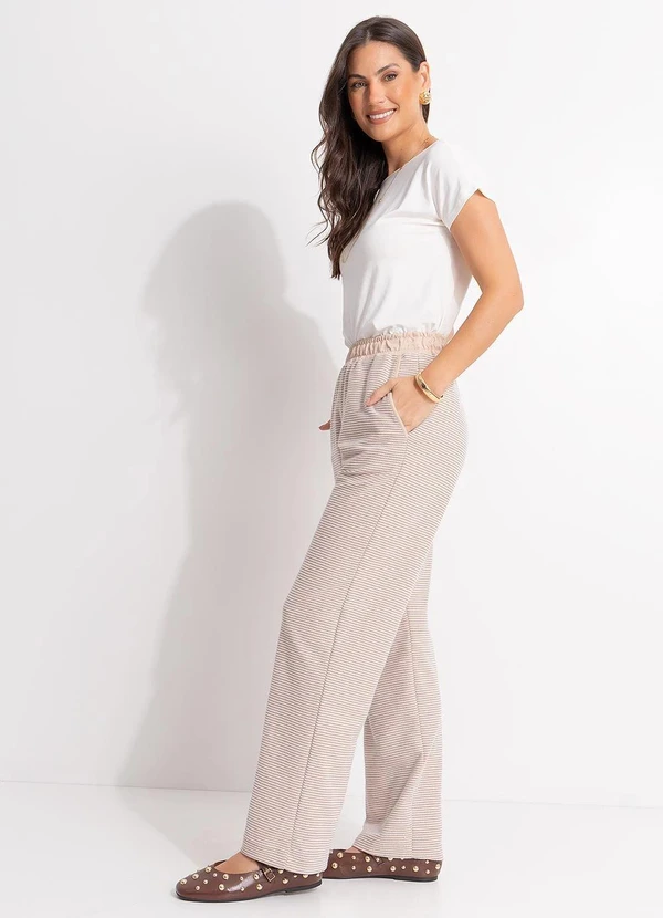Quintess - Calça Pantalona Listrada em Malha Texturizada com Cós Elástico 10
