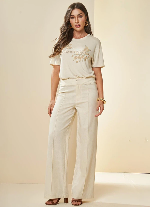 Doce Trama - Calça Pantalona Oliva Branco 3
