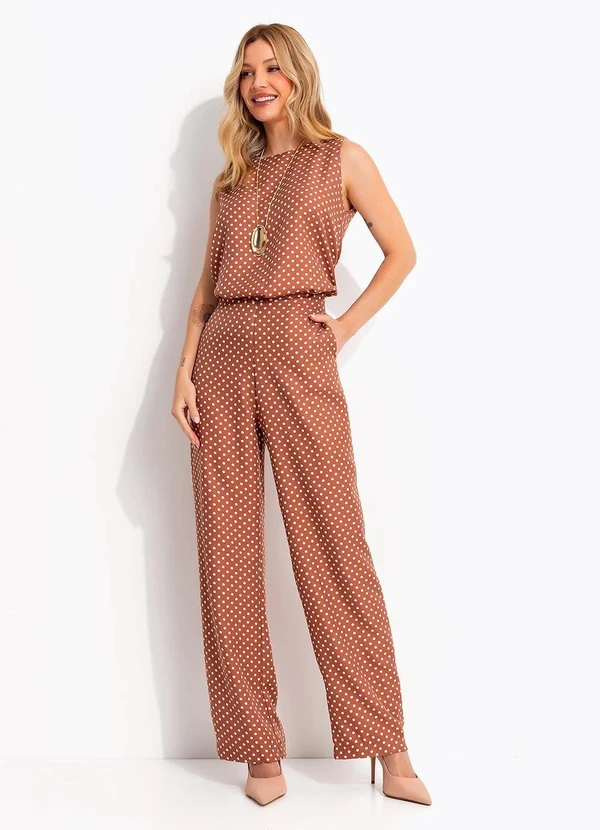 Quintess - Calça Pantalona Poá Marrom em Tecido Maquinetado com Fenda 5