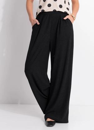 Cal�a Pantalona Preta em Malha Cotel� com El�stico e Bolsos
