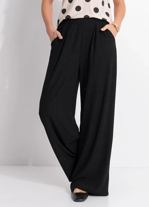Quintess - Calça Pantalona Preta em Malha Cotelê com Elástico e Bolsos - QUINTESS