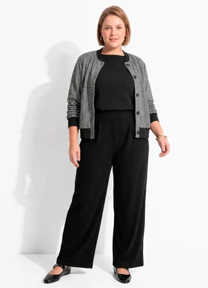 Quintess - Calça Pantalona Preta em Malha Cotelê com Elástico e Bolsos - QUINTESS