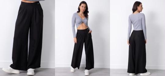 Cal�a Pantalona Preta em Tecido Plano com Pregas