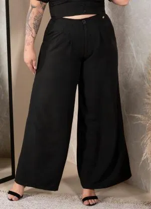Quintess - Calça Pantalona Preta em Tecido Plano com Pregas - QUINTESS