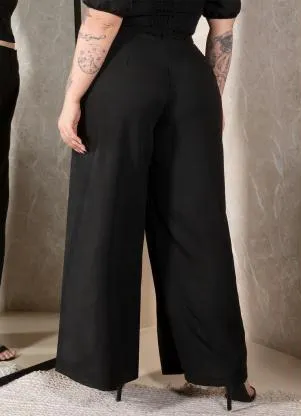 Quintess - Calça Pantalona Preta em Tecido Plano com Pregas - QUINTESS