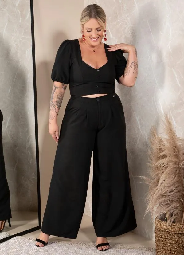 Quintess - Calça Pantalona Preta em Tecido Plano com Pregas 6