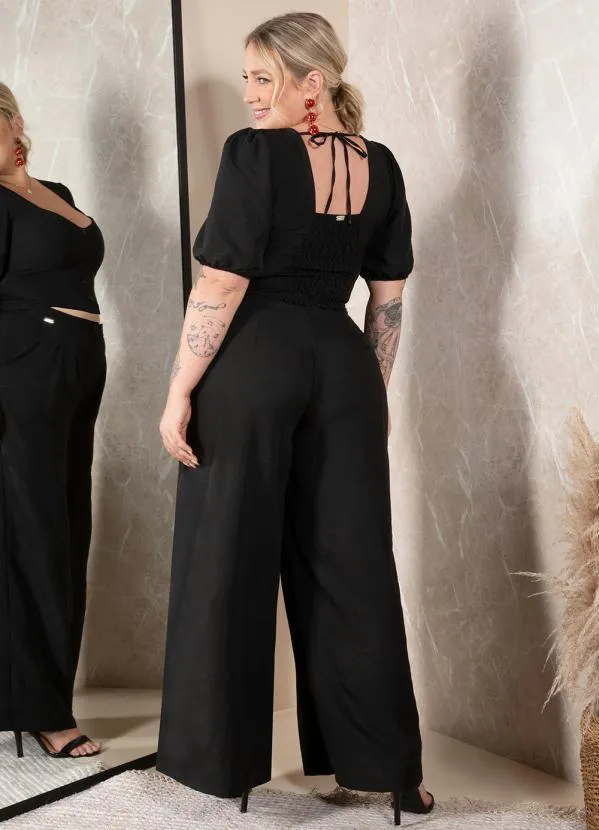 Quintess - Calça Pantalona Preta em Tecido Plano com Pregas 7