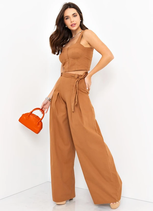 Mob - Calça Pantalona Sarja Amarração Marrom 3