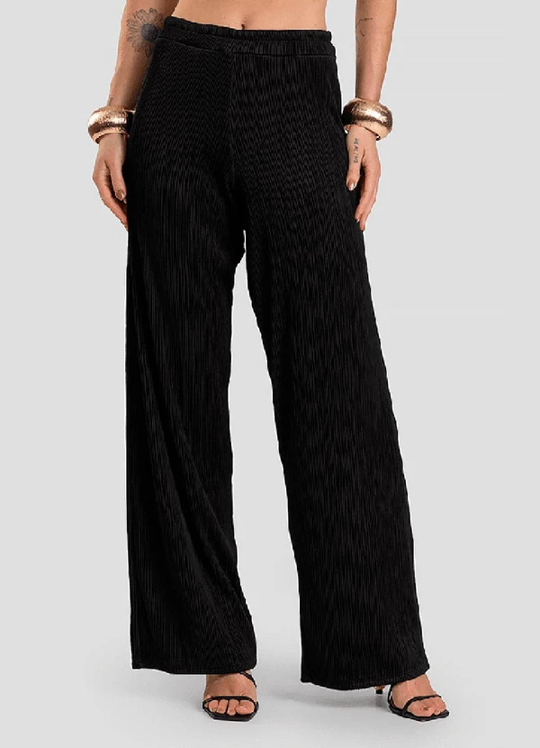 Dianna - Calça Pantalona Texturizada Fluída Preto