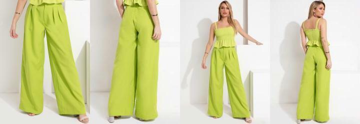 Cala Pantalona Verde com Pregas e Bolsos