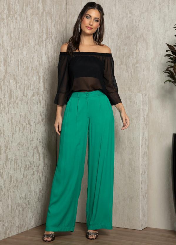 Quintess - Calça Pantalona Verde em Viscose Plana 3