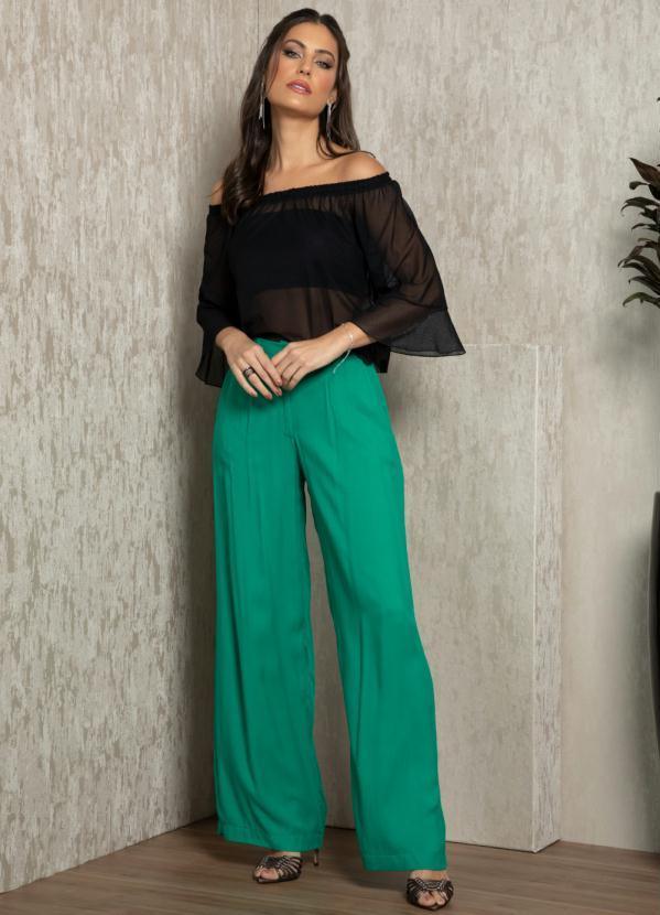 Quintess - Calça Pantalona Verde em Viscose Plana 5