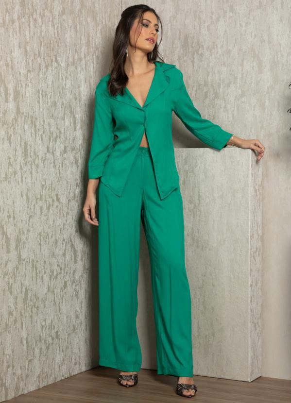 Quintess - Calça Pantalona Verde em Viscose Plana 6