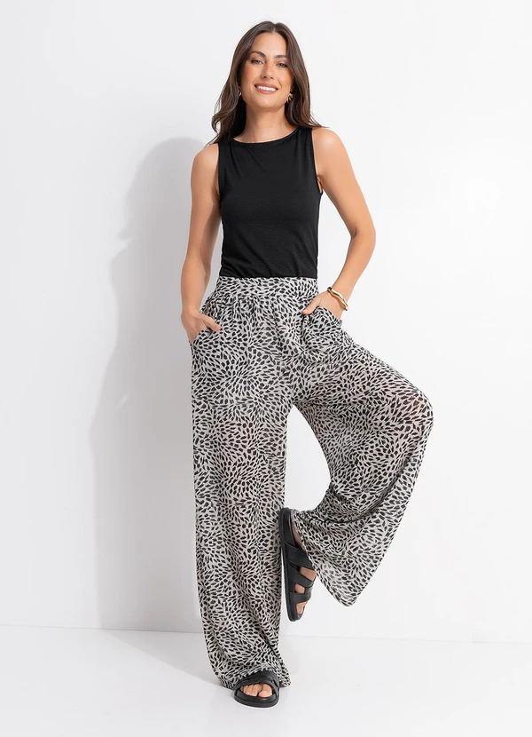 Quintess - Calça Pincelado Abstrato em Malha Plissada