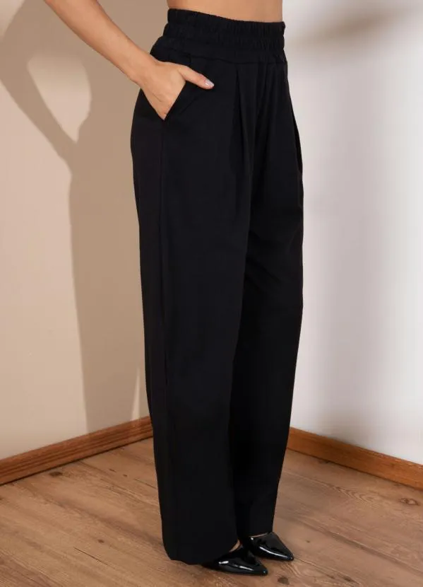 Quintess - Calça Preta Cós Largo com Pregas e Bolsos 7