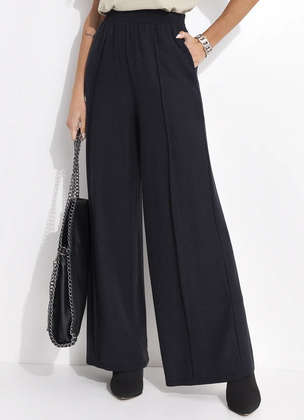 Quintess - Calça Preto em Malha Texturizada de Viscose