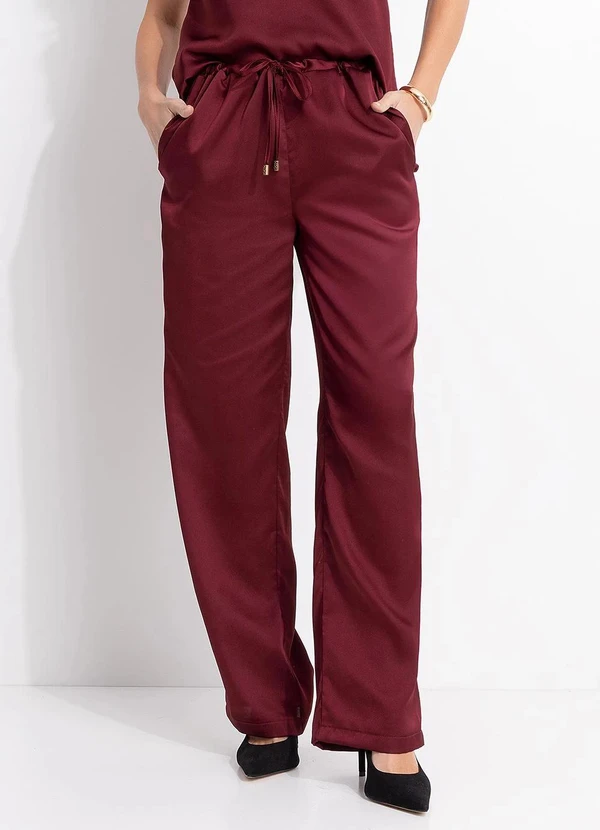 Quintess - Calça Reta Acetinada Bordô com Elástico e Amarração na Cintura 5