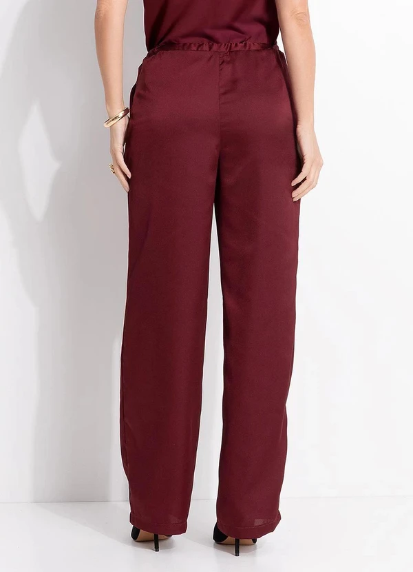Quintess - Calça Reta Acetinada Bordô com Elástico e Amarração na Cintura