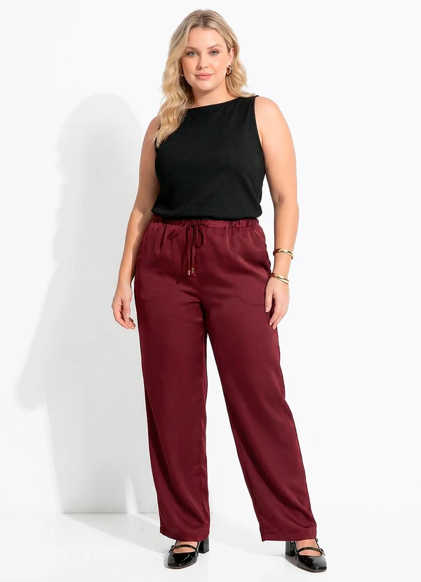 Quintess - Calça Reta Acetinada Bordô com Elástico e Amarração na Cintura 8