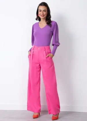 Quintess - Calça Rosa Pantalona com Pregas e Bolsos - QUINTESS