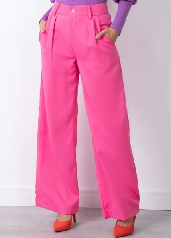 Quintess - Calça Rosa Pantalona com Pregas e Bolsos