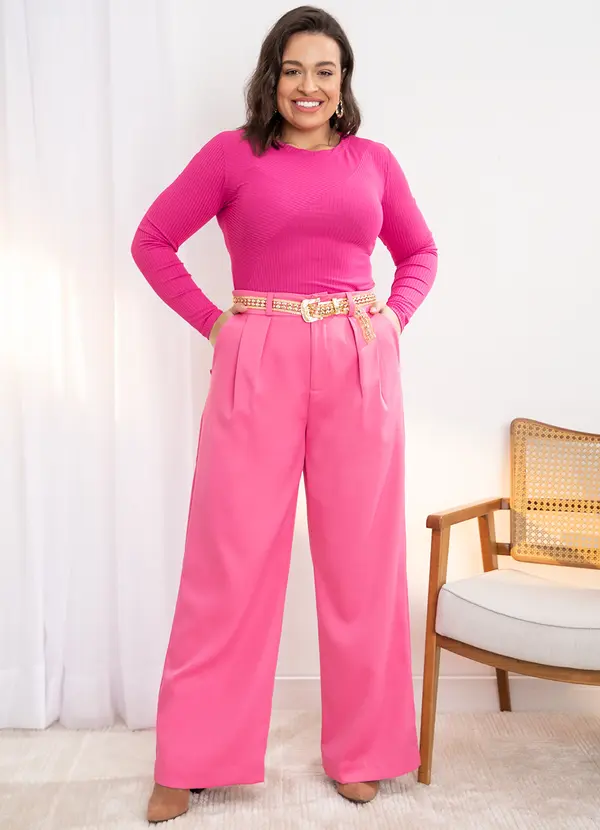 Quintess - Calça Rosa Pantalona com Pregas e Bolsos 2