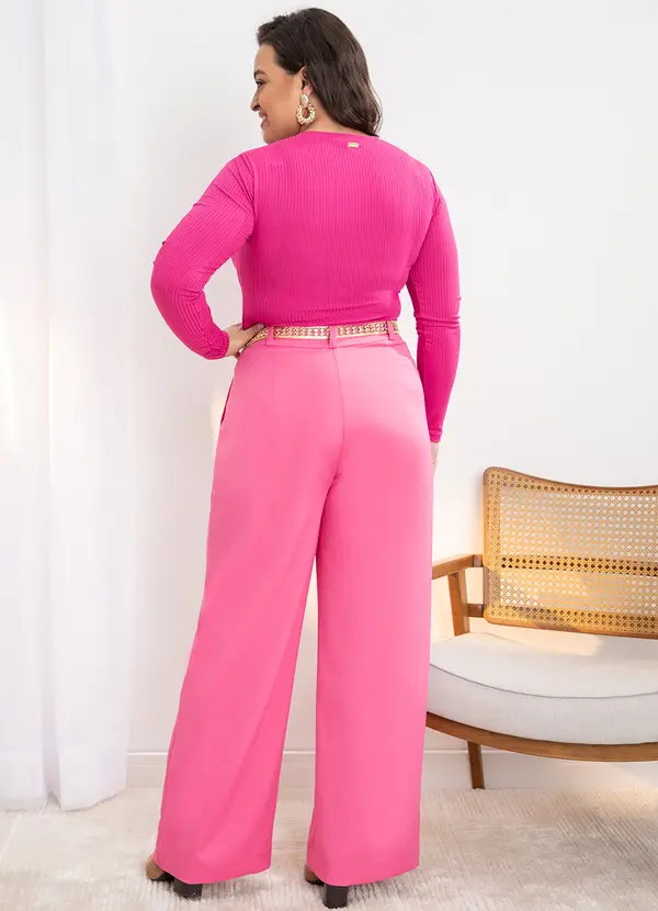 Quintess - Calça Rosa Pantalona com Pregas e Bolsos