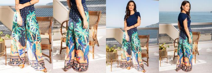 Cal�a Tropical Marinho em Crepe Plano