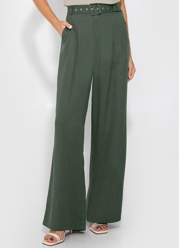 Enfim - Calça Verde Militar Wide Leg Pregas em Liocel