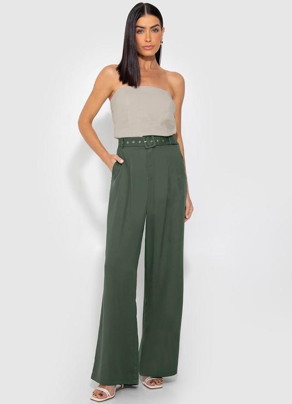Enfim - Calça Verde Militar Wide Leg Pregas em Liocel 2