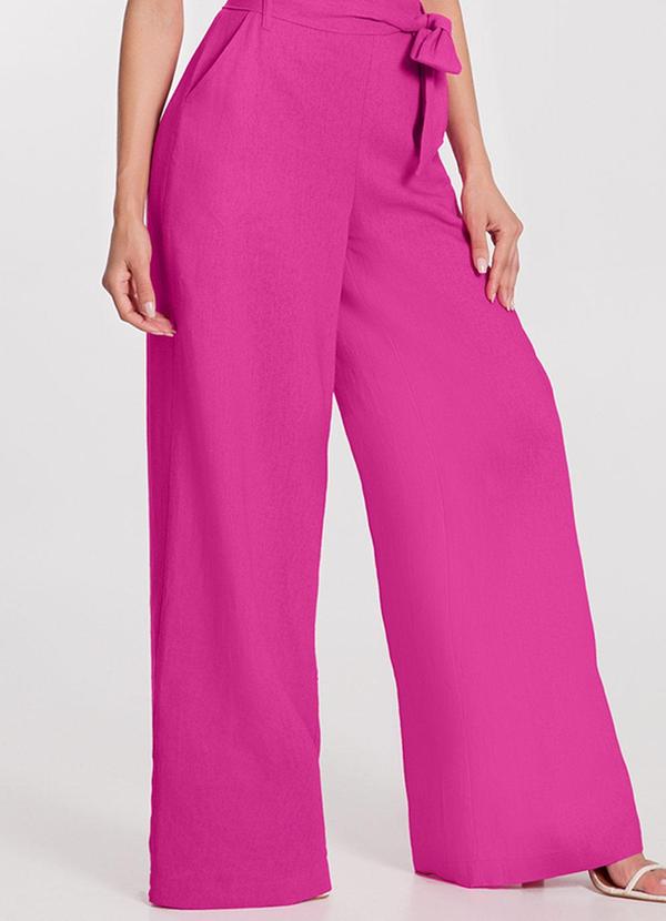 Lunender - Calça Wide Leg em Linho com Cinto e Bolsos Rosa