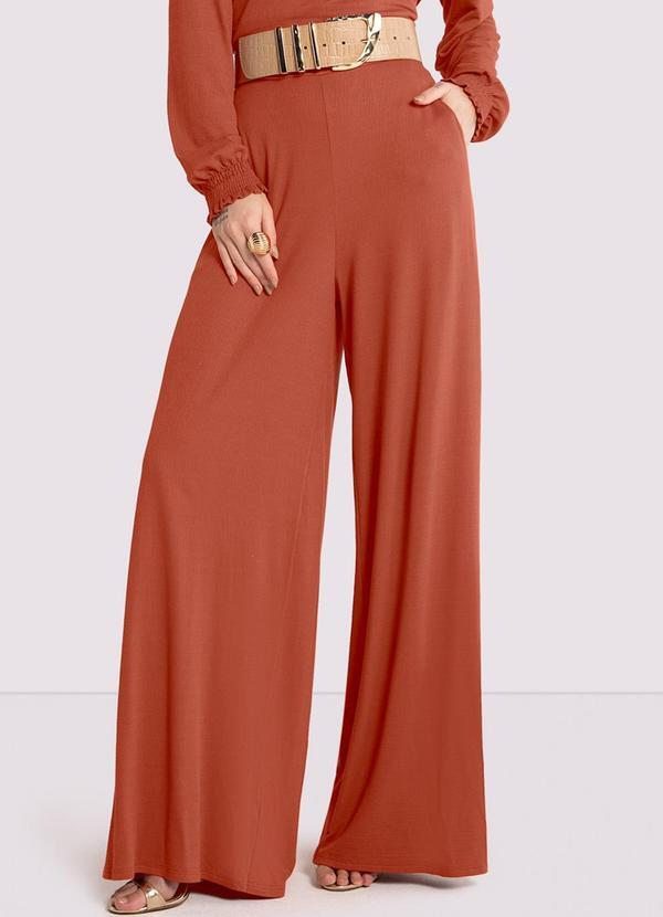 Lunender - Calça Wide Leg em Malha Texturizada Laranja