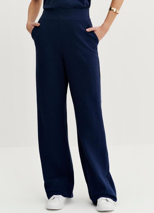 Principessa - Calça Wide Leg em Malha Texturizada Marinho Kassia Azul