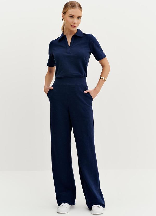Principessa - Calça Wide Leg em Malha Texturizada Marinho Kassia Azul 3