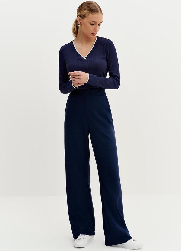 Principessa - Calça Wide Leg em Malha Texturizada Marinho Kassia Azul 5