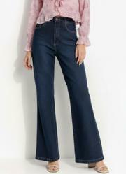 Cal�a Wide Leg Jeans Azul Escuro em Jeans